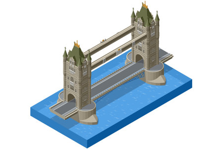 Isometric illustration of London s Tower Bridge spanning the river, showing detailed towers, suspension elements and classic British architecture.のイラスト素材