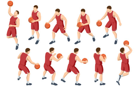 Isometric illustration set of a basketball player in a red uniform shown in multiple action poses dribbling, shooting, passing and holding the ball. Dynamic sports character design collection.のイラスト素材