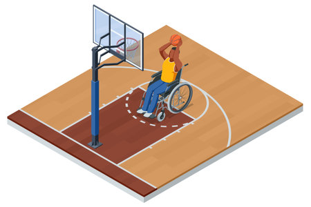 Isometric illustration of a wheelchair basketball player in a yellow uniform preparing to shoot the ball toward the hoop on an indoor court. Inclusive adaptive sports concept.のイラスト素材