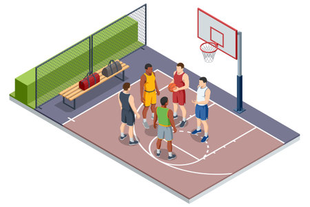 Isometric illustration of a basketball player in a uniform performing a dunk, jumping high above the court and slamming the ball into the hoop. Energetic sports action scene. Basketball courtのイラスト素材