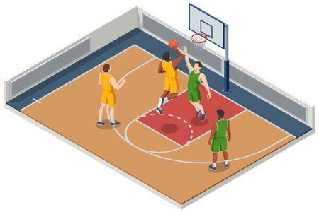 Isometric illustration of a basketball player in an orange uniform jumping hand on the ball to make a powerful shot toward the hoop. Dynamic sports action moment. Basketball courtのイラスト素材