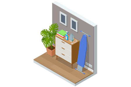 Isometric illustration of a home ironing corner with a dresser, folded clothes, spray bottle, iron and ironing board near a wall with framed decor and indoor plant. Cozy organized household space.のイラスト素材