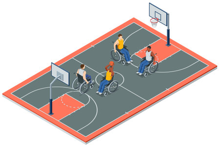 Isometric illustration of four wheelchair basketball players on an outdoor court, preparing for a play. Adaptive sports, teamwork, inclusion and athletic action shown from above. Basketball courtのイラスト素材