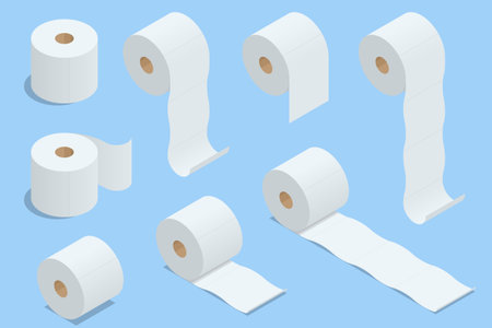 Isometric set of toilet paper rolls in various positions on a blue background. Soft hygiene paper displayed as household bathroom essentials in clean minimal style for product, packaging or sanitation conceptsのイラスト素材