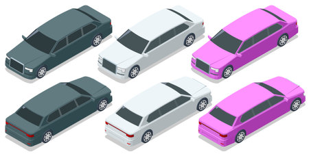 Isometric limousine car set in different colors, luxury transport viewed from front and rear angles. Premium vehicle concept for business, security, VIP travel, chauffeur service, and elite transportation illustration.のイラスト素材