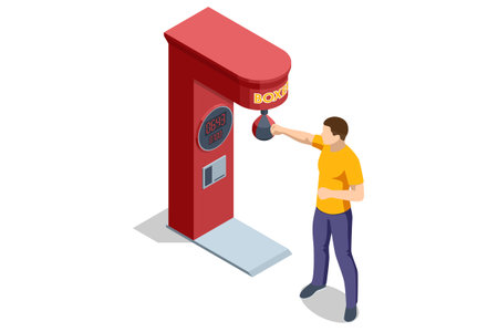 Boxing punching machine. Isometric boxing punching machine with digital score display and male character. Arcade strength test concept for fitness, sport challenge, competition, and entertainment illustration.のイラスト素材