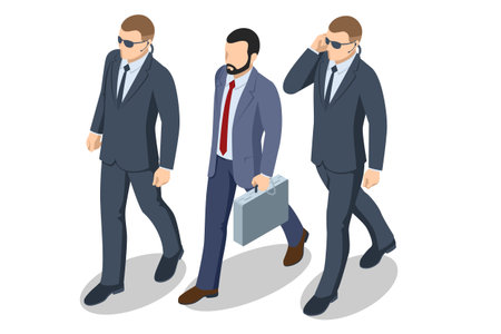 VIP with bodyguards. Isometric VIP arrival scene, bodyguards. Security escort and celebrity protection concept for politics, business, media, and public eventのイラスト素材