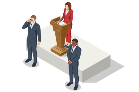 Politician speech with security. Isometric political speech scene with bodyguards and speaker at podium. Public address, leadership, protection, and official event security concept illustration.のイラスト素材