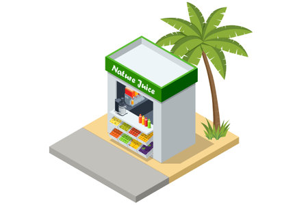 Isometric illustration of a fresh juice kiosk with fruit display and blender, outdoor street stand with tropical palm tree, healthy drink concept, modern small business food retail.のイラスト素材