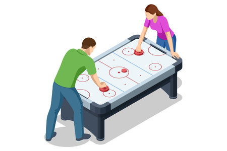 Air Hockey Table. Isometric air hockey game with two players competing at arcade table. Indoor leisure activity, sport entertainment concept isolated on white background.のイラスト素材