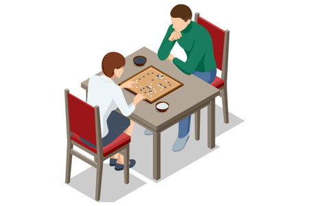 Go Players. Isometric go game with two players at table. Strategic board game, intellectual competition and leisure activity concept.のイラスト素材