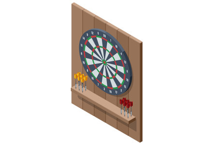Isometric black dart board with arrows for pub darts game. Business target symbol. Indoor leisure and competition concept isolated on white background.のイラスト素材