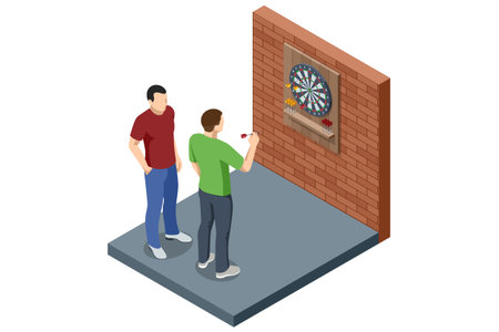 Darts Players. Isometric darts game with two players aiming at dartboard. Indoor leisure and competition concept isolated on white background.のイラスト素材