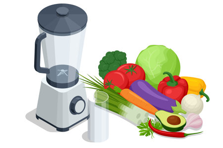 Blender with vegetable set. Isometric blender with fresh vegetable and glass. Healthy vegan food and detox drink concept. Isometric kitchen illustration for nutrition, diet and wellness designのイラスト素材