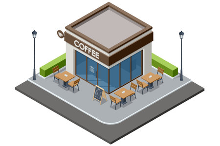 Street coffee shop corner. Isometric street coffee shop with outdoor table and signboard. Urban cafe building for city lifestyle, restaurant exterior and hospitality illustration in isometric styleのイラスト素材
