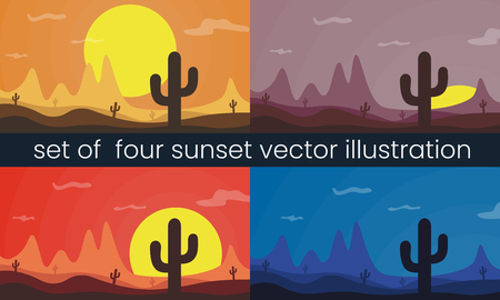 Set of four desert landscape vector illustration. Mountain, sun and cactus.のイラスト素材