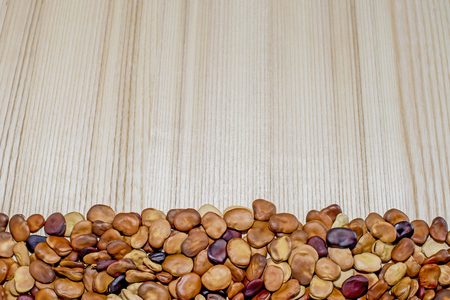 The fruits of the beans lie on a light background of a wooden table of ash with a pronounced texture. Background. The place for drawing textの写真素材