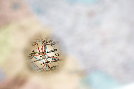 Geographical map with the increase of the Iraqi capital Baghdad. The concept of screen saver...
