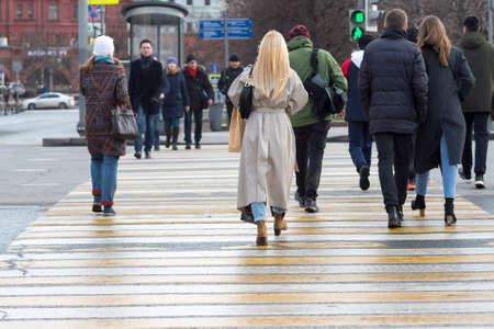 Blurred. People cross the road at the land crossing in Russia Moscow March 2020.のeditorial素材