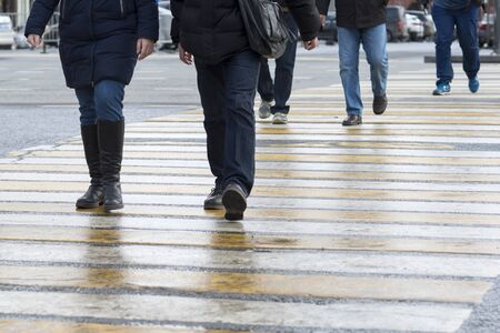 Blurred. People cross the road at the land crossing in Russia Moscow March 2020.の写真素材