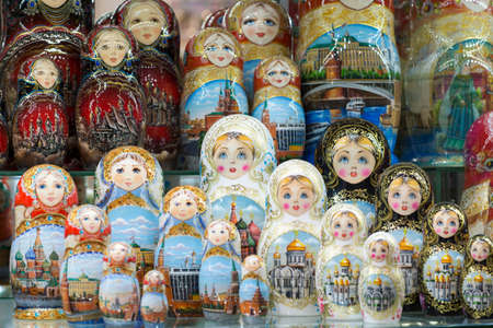 Painted wooden nesting dolls in the window of a gift shop in Moscow, Russia, March 2020.のeditorial素材