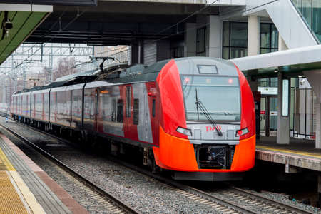 Modern train at the station metro Zorge MSK Russia, Moscow, March 2020.のeditorial素材