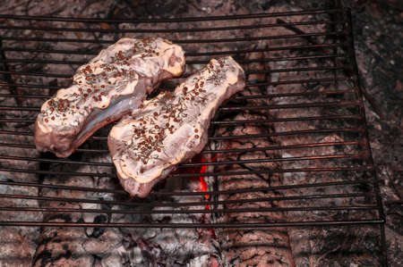 Pork steaks raw on a rib in a sauce with spices are laid out on a grill for cooking on coals. background.の写真素材