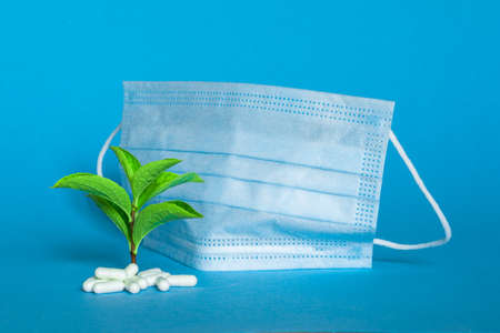 Mask, white pills and green sprout symbolizing the victory of immunity over the virus on a blue background. The concept of integrated protection in the fight against the pandemic.の写真素材