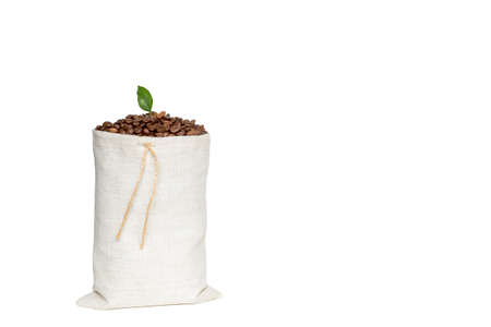 Coffee beans with a green leaf in a bag made of light linen fabric isolated on a white background.の写真素材
