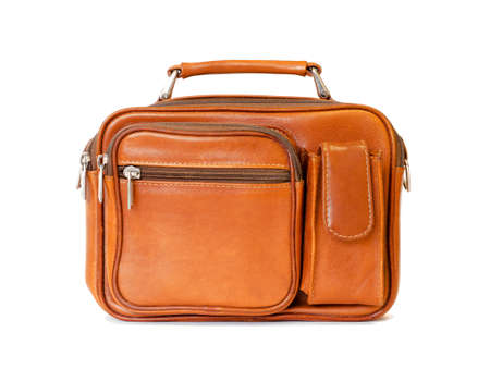 Men's vintage bag in brown color in retro style isolated on a white background.の写真素材