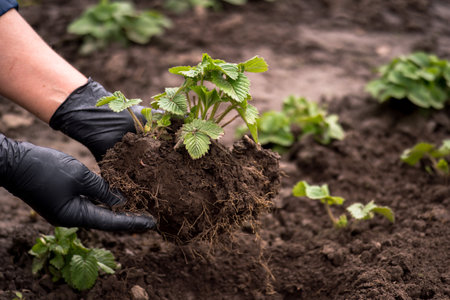 The hands of a farmer in black gloves hold a young strawberry bush before planting against the background of the garden. background.の写真素材