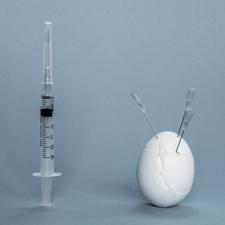 A syringe and a white egg in cracks with needles on a gray background. The concept of immunity risk in vaccinated youth.の写真素材