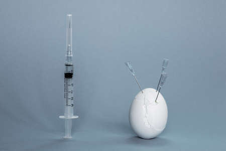 A syringe and a white egg in cracks with needles on a gray background. The concept of immunity risk in vaccinated youth.の写真素材