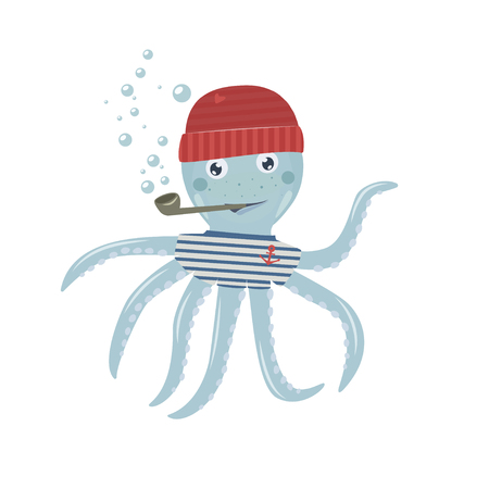Vector illustration of cute octopus with smoking pipe, sailor striped shirt and red wool cap.のイラスト素材