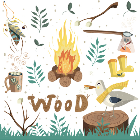 Vector set of camping elements. Drink cocoa with marshmallows near the fire.のイラスト素材