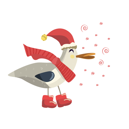 Happy Christmas Bird. Gull in a red scarf, hat and boots.のイラスト素材