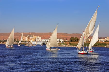 feluccas sailing on the river nile near aswan in egypt