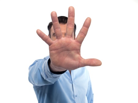man hand shielding  portrait studio isolated on white background