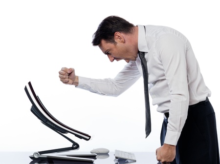caucasian man and a computer display monitor on isolated white background expressing  bug  conflict rejection conceptの写真素材