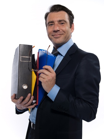 man businessman holding files confident arrogant isolated studio on white backgroundの写真素材
