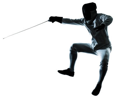 one man fencing silhouette in studio isolated on white backgroundの写真素材