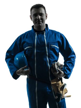 one caucasian repairman worker silhouette in studio on white backgroundの写真素材