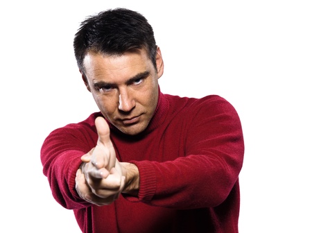 caucasian man gun gesture studio portrait on isolated white backgound