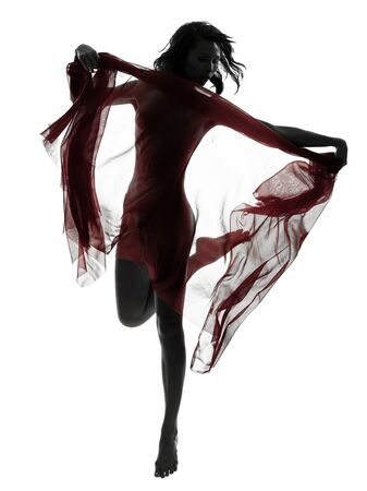 one beautiful asian woman naked behind red veil  in silhouette studio isolated on white backgroundの写真素材