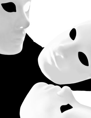 performer man mime with mask on studio isolated on white backgroundの写真素材