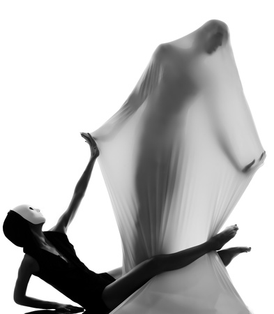 dancer performer mime with mask acting couple lovers conceptual in studio isolated on white backgroundの写真素材