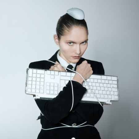 studio shot portrait of one business woman woman computer problemsの写真素材
