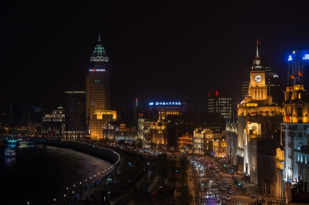 Shanghai, China - April 9, 2013:  the bund at night at the city of Shanghai in China.