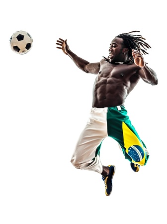 one brazilian  black man soccer player  on white backgroundの写真素材