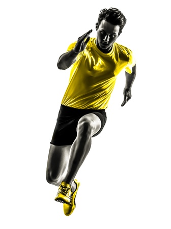 one caucasian man young sprinter runner running in silhouette studio on white background one caucasian man young sprinter runner running in silhouette studio on white background